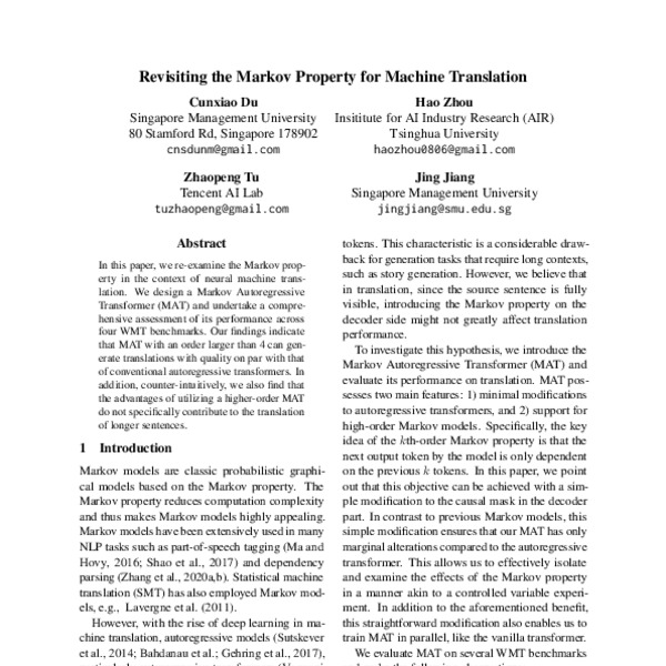 Revisiting the Markov Property for Machine Translation ACL Anthology