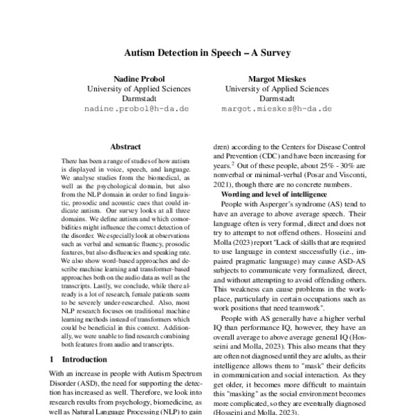 Autism Detection in Speech A Survey ACL Anthology