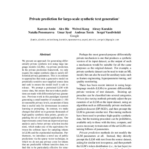 Private prediction for large-scale synthetic text generation - ACL ...