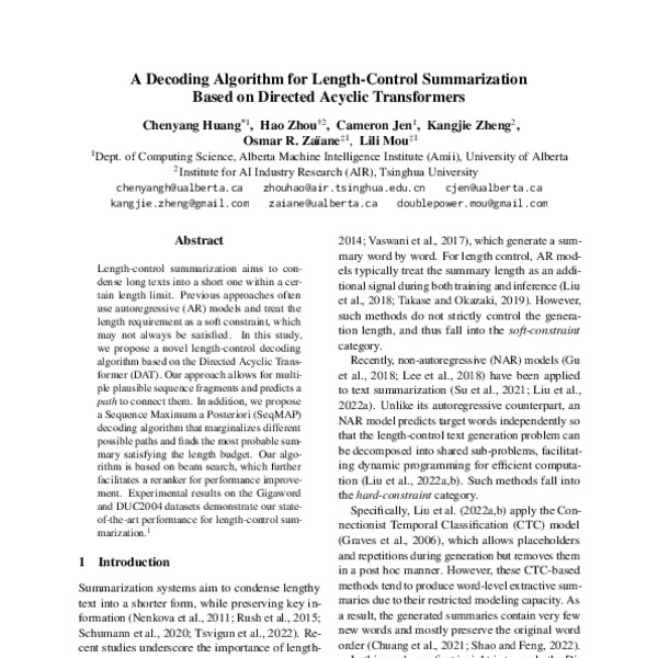 A Decoding Algorithm for Length-Control Summarization Based on Directed ...