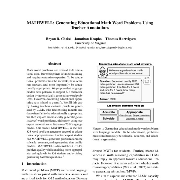 MATHWELL: Generating Educational Math Word Problems Using Teacher ...