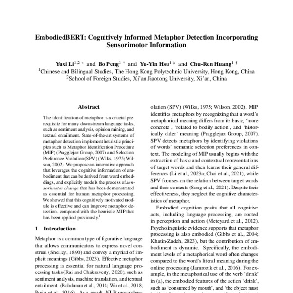 EmbodiedBERT Cognitively Informed Metaphor Detection Incorporating