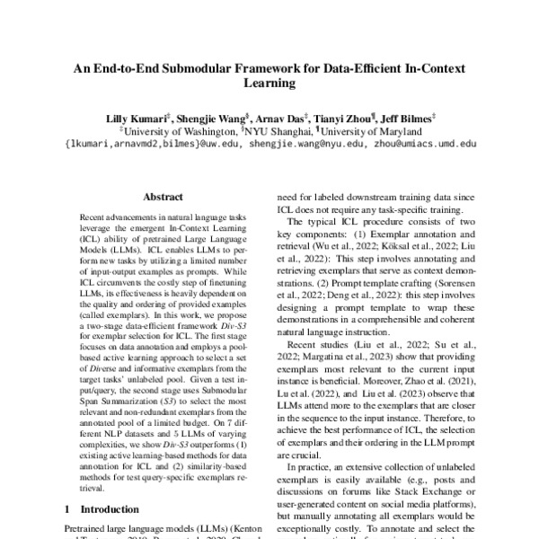 An EndtoEnd Submodular Framework for DataEfficient InContext