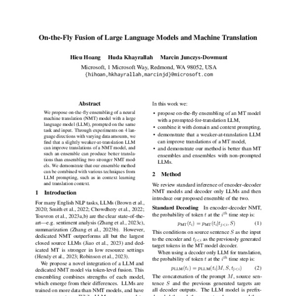 OntheFly Fusion of Large Language Models and Machine Translation