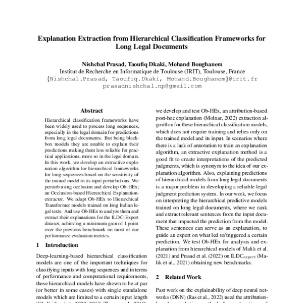 Explanation Extraction from Hierarchical Classification Frameworks for