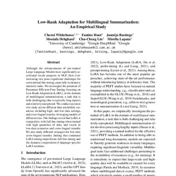 LowRank Adaptation for Multilingual Summarization An Empirical Study