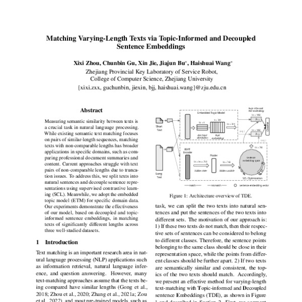 Matching VaryingLength Texts via TopicInformed and Decoupled Sentence