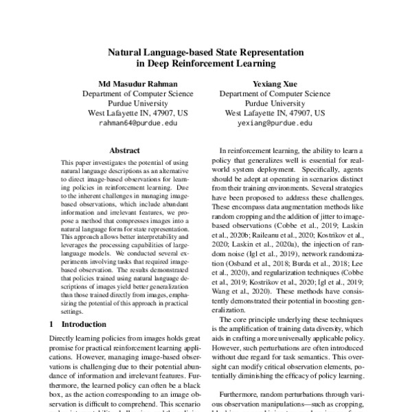 Natural Languagebased State Representation in Deep Reinforcement