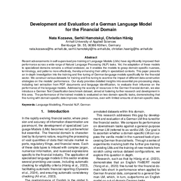 Development and Evaluation of a German Language Model for the Financial ...