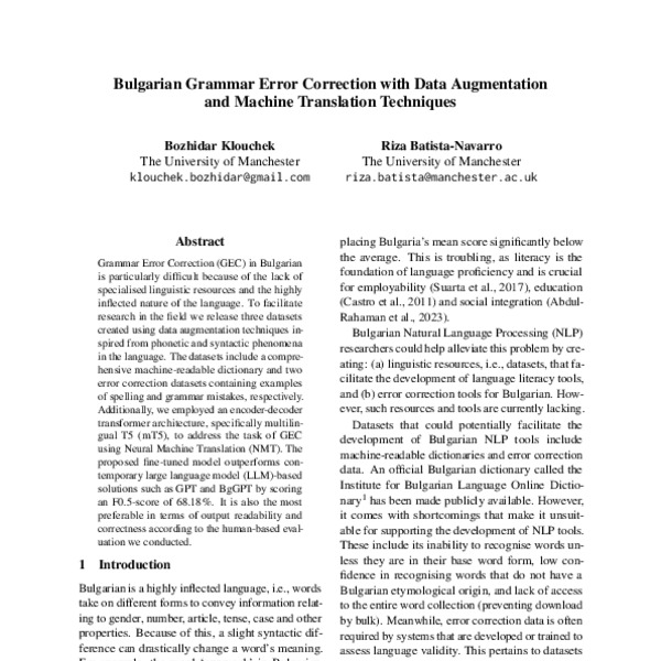 Bulgarian Grammar Error Correction with Data Augmentation and Machine ...