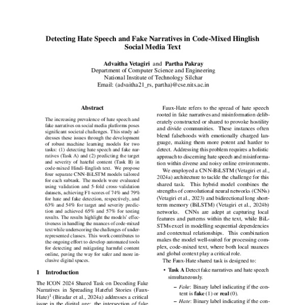 Detecting Hate Speech and Fake Narratives in Code-Mixed Hinglish Social ...