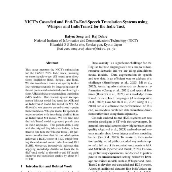 NICT’s Cascaded and End-To-End Speech Translation Systems using Whisper ...