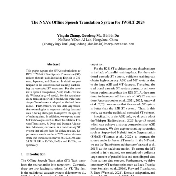 The NYA’s Offline Speech Translation System for IWSLT 2024 - ACL Anthology