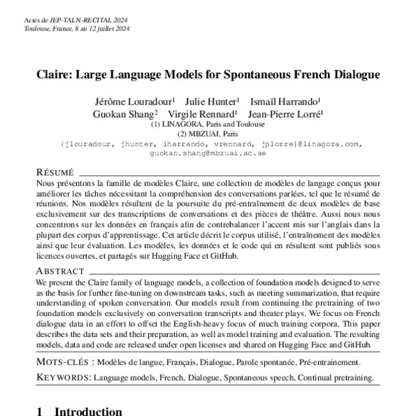Claire: Large Language Models for Spontaneous French Dialogue - ACL ...