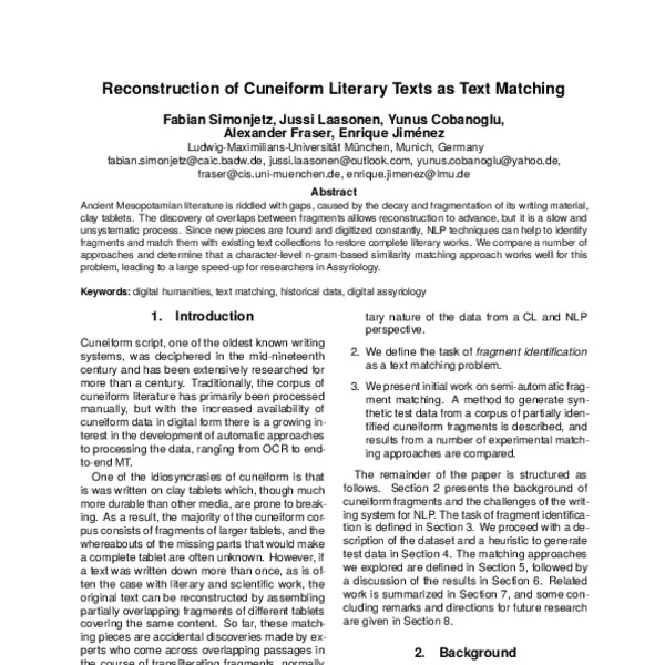 Reconstruction of Cuneiform Literary Texts as Text Matching - ACL Anthology