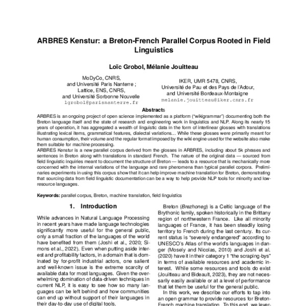 ARBRES Kenstur: A Breton-French Parallel Corpus Rooted in Field ...