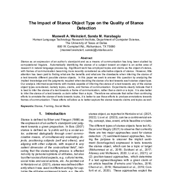 The Impact of Stance Object Type on the Quality of Stance Detection ...
