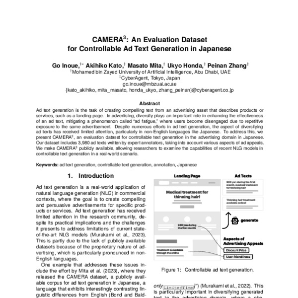CAMERA³: An Evaluation Dataset for Controllable Ad Text Generation in ...
