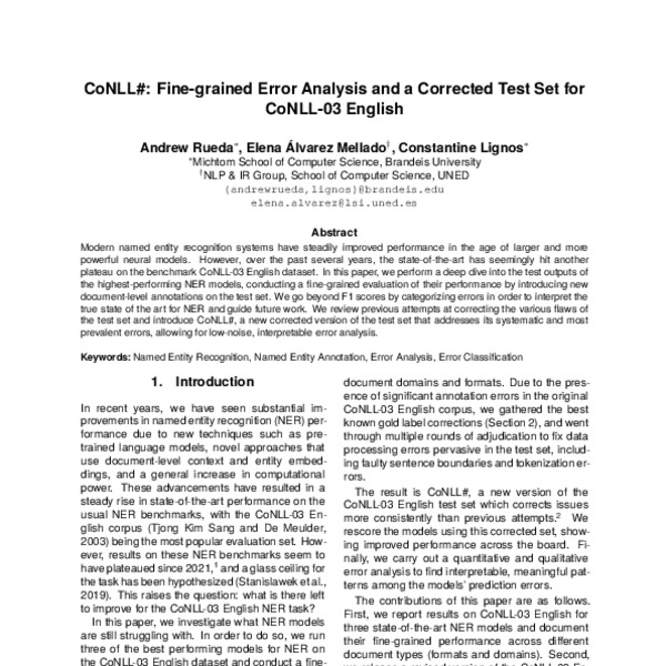 CoNLL Finegrained Error Analysis and a Corrected Test Set for CoNLL