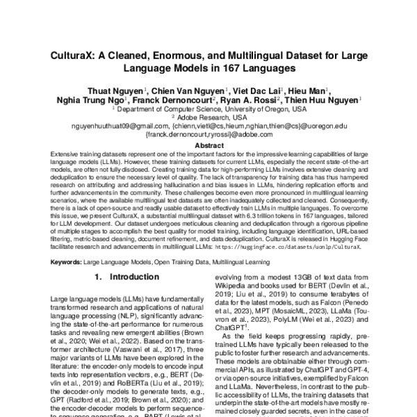 CulturaX: A Cleaned, Enormous, and Multilingual Dataset for Large ...