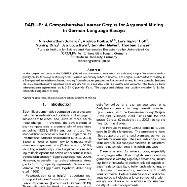 DARIUS: A Comprehensive Learner Corpus for Argument Mining in German ...