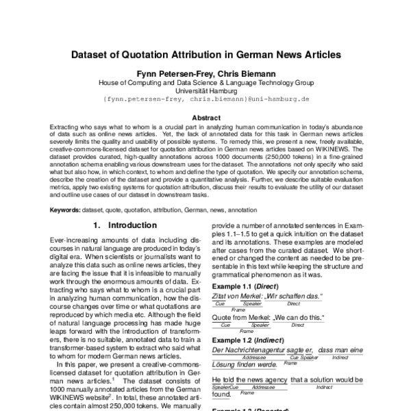 Dataset of Quotation Attribution in German News Articles - ACL Anthology