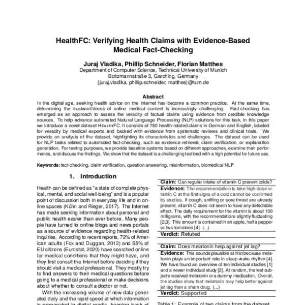 HealthFC: Verifying Health Claims with Evidence-Based Medical Fact ...