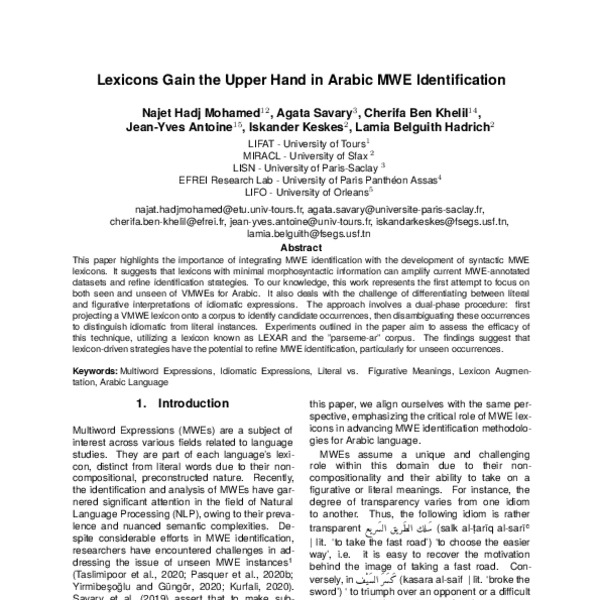 Lexicons Gain the Upper Hand in Arabic MWE Identification - ACL Anthology