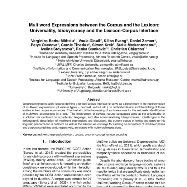 Multiword Expressions between the Corpus and the Lexicon: Universality ...