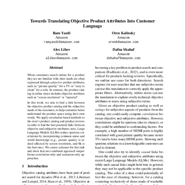 Towards Translating Objective Product Attributes Into Customer Language ACL Anthology