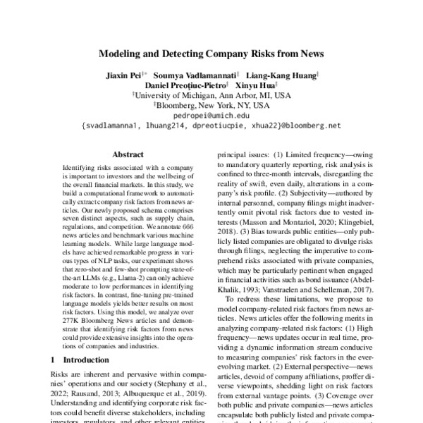 Modeling and Detecting Company Risks from News ACL Anthology