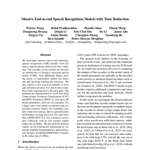 Massive End-to-end Speech Recognition Models with Time Reduction - ACL ...