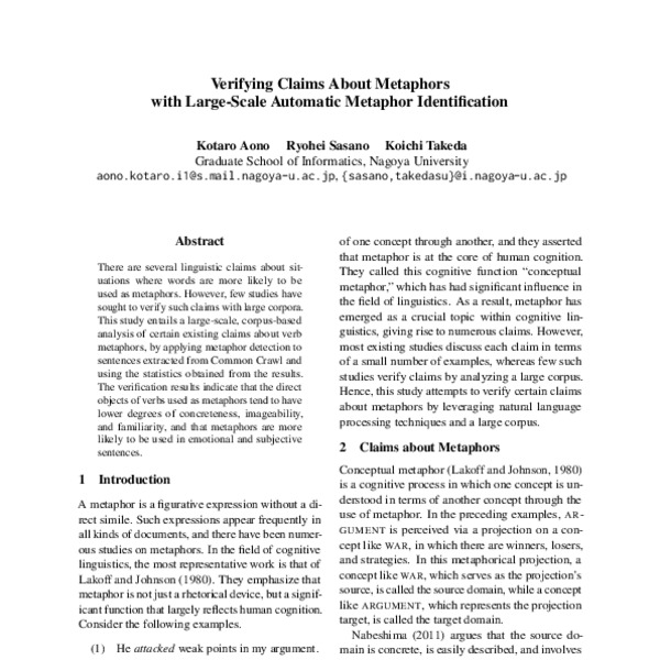 Verifying Claims About Metaphors with LargeScale Automatic Metaphor