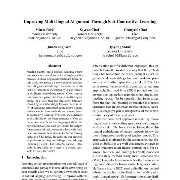 Improving Multilingual Alignment Through Soft Contrastive Learning