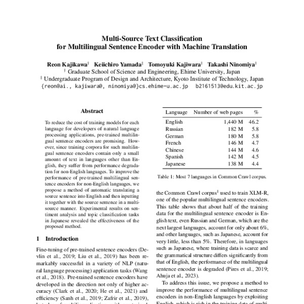 MultiSource Text Classification for Multilingual Sentence Encoder with