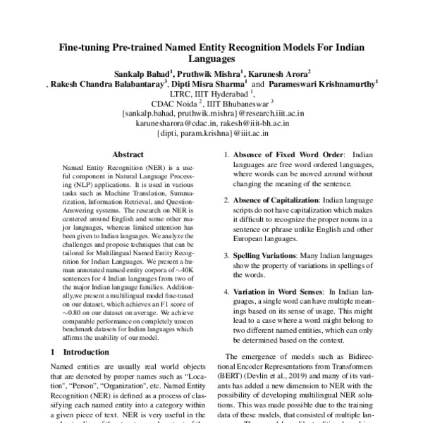 Pretrained Named Entity Recognition Models For Indian