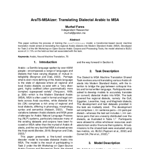 AraT5-MSAizer: Translating Dialectal Arabic to MSA - ACL Anthology