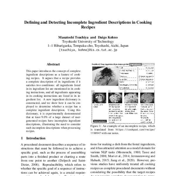 Defining and Detecting Incomplete Ingredient Descriptions in Cooking ...