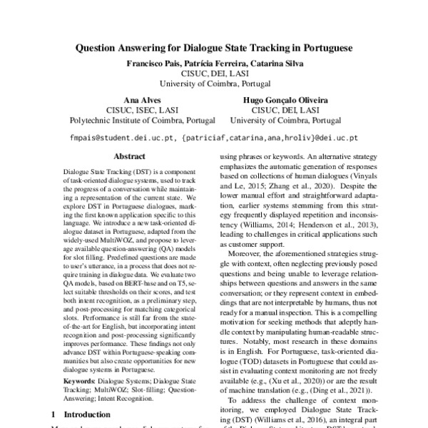 Question Answering for Dialogue State Tracking in Portuguese - ACL ...