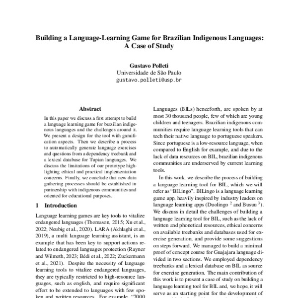Building a Language-Learning Game for Brazilian Indigenous Languages: A ...
