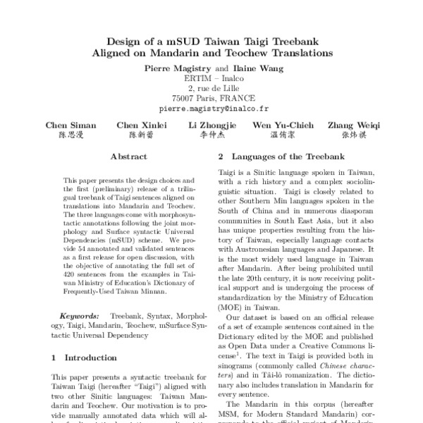 Design of a Taiwan Taigi Treebank Aligned on Mandarin and Teochew ...