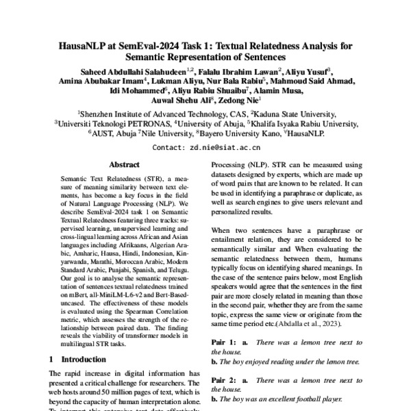 HausaNLP at SemEval-2024 Task 1: Textual Relatedness Analysis for ...