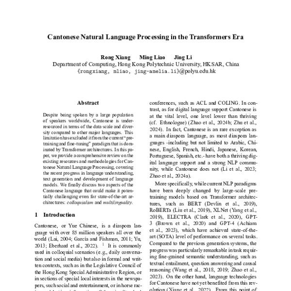 Cantonese Natural Language Processing in the Transformers Era - ACL ...