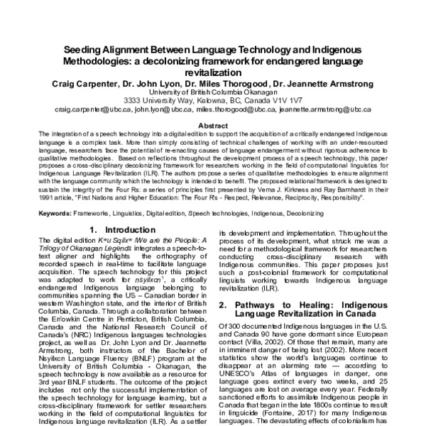 Seeding Alignment between Language Technology and Indigenous ...