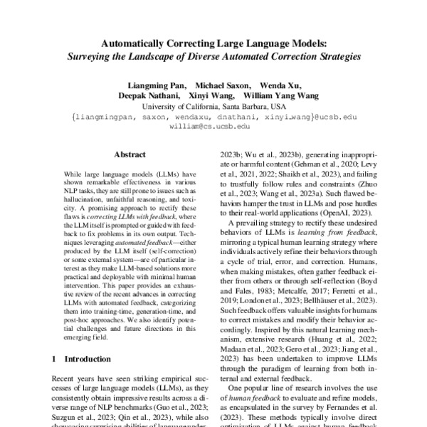 Automatically Correcting Large Language Models Surveying the Landscape