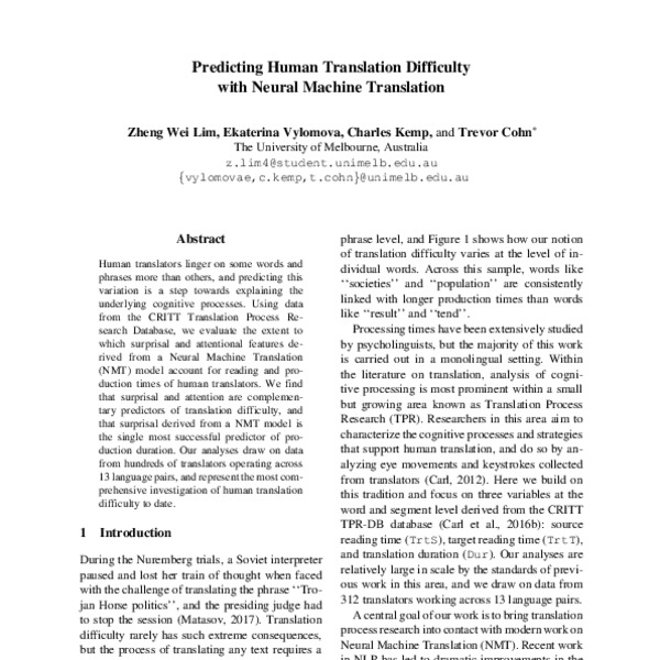 Predicting Human Translation Difficulty with Neural Machine Translation ...