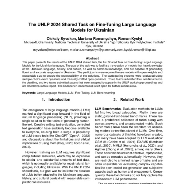 The UNLP 2024 Shared Task on Fine-Tuning Large Language Models for ...
