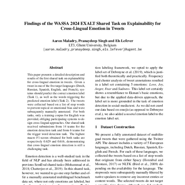 Findings of the WASSA 2024 EXALT shared task on Explainability for ...