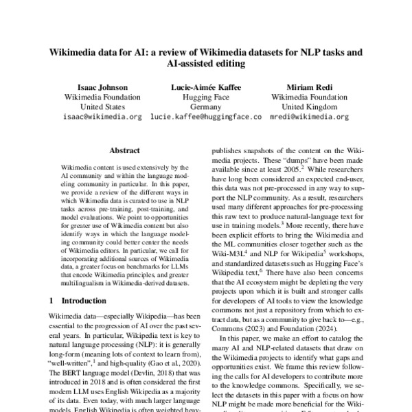Wikimedia data for AI: a review of Wikimedia datasets for NLP tasks and ...