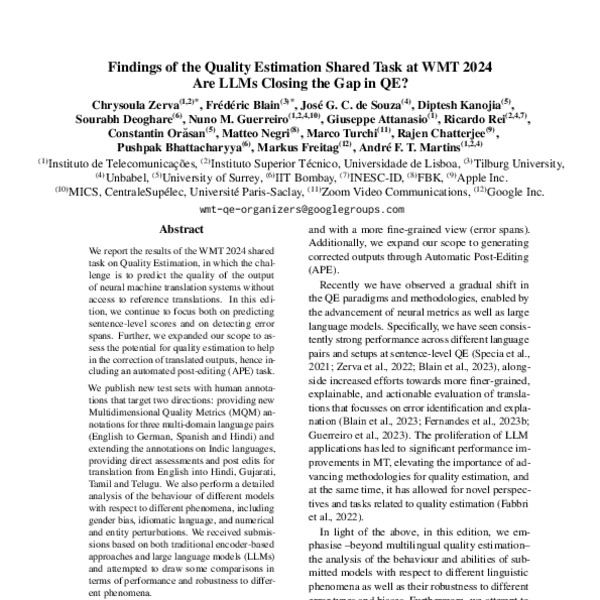 Findings of the Quality Estimation Shared Task at WMT 2024: Are LLMs ...